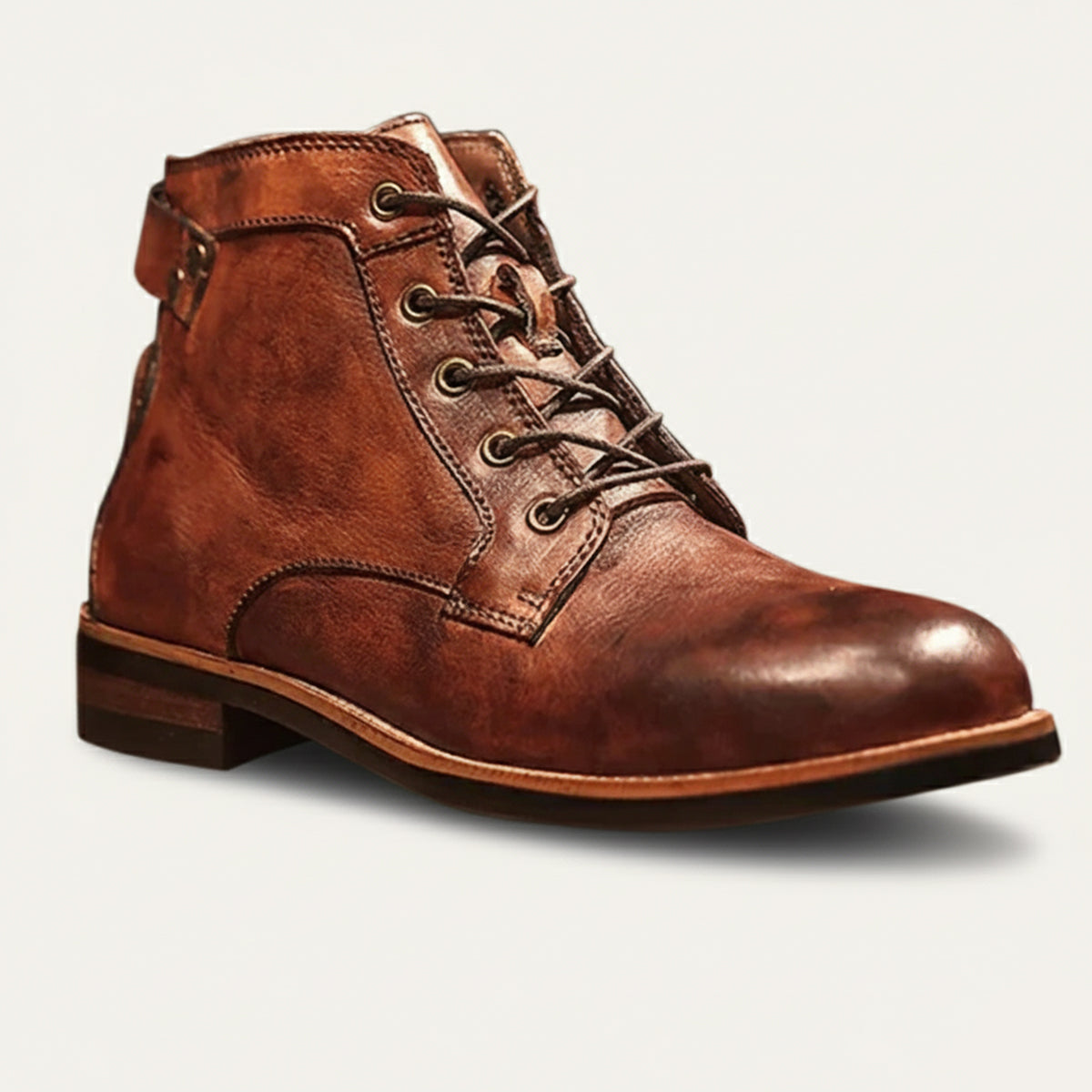 Men's brown lace-up faux leather ankle boots with round toe and low block heel