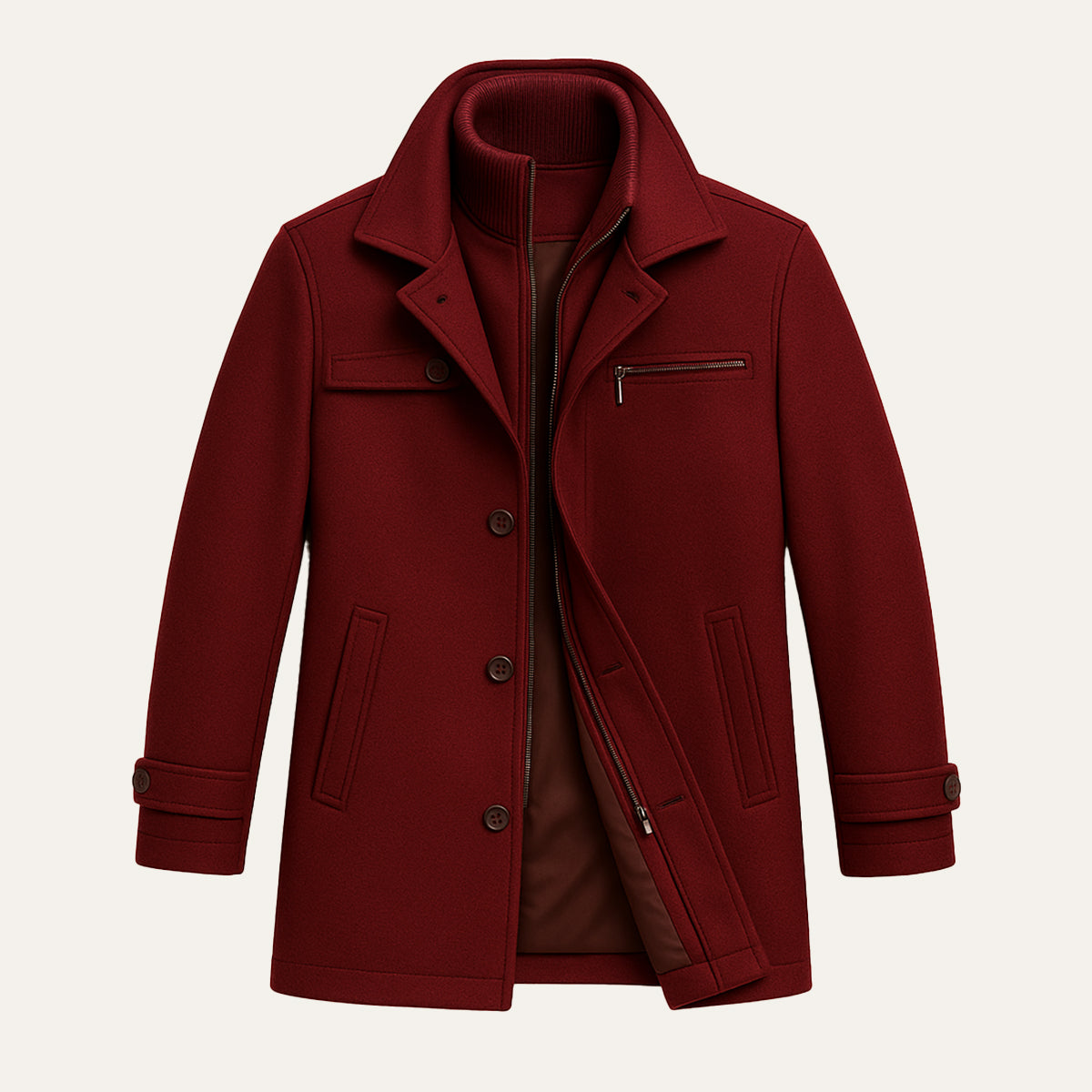 Men's burgundy long jacket with stand collar, button-front placket, and flap pockets