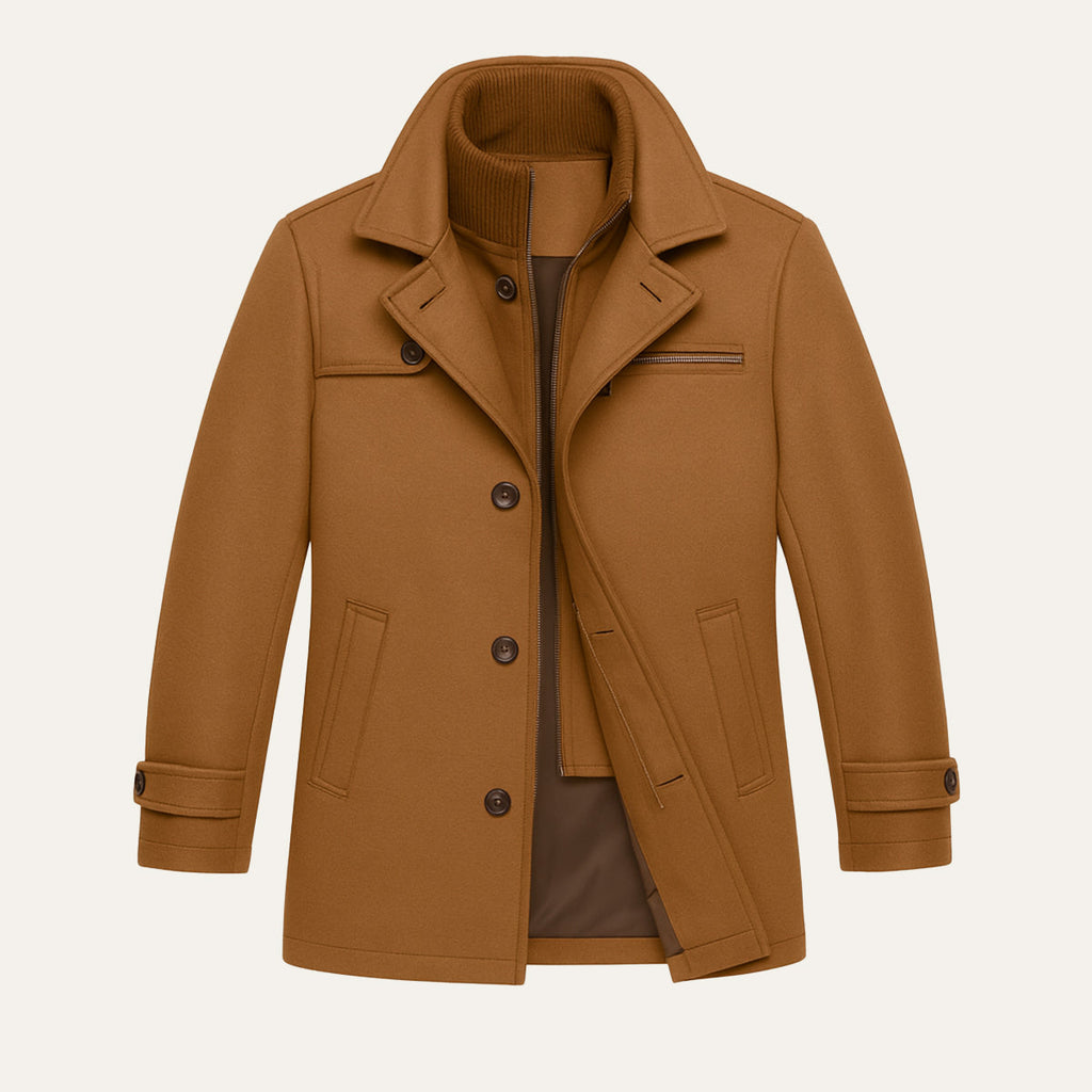 Men's brown long button-front jacket with stand collar, flap pockets, and ribbed cuffs