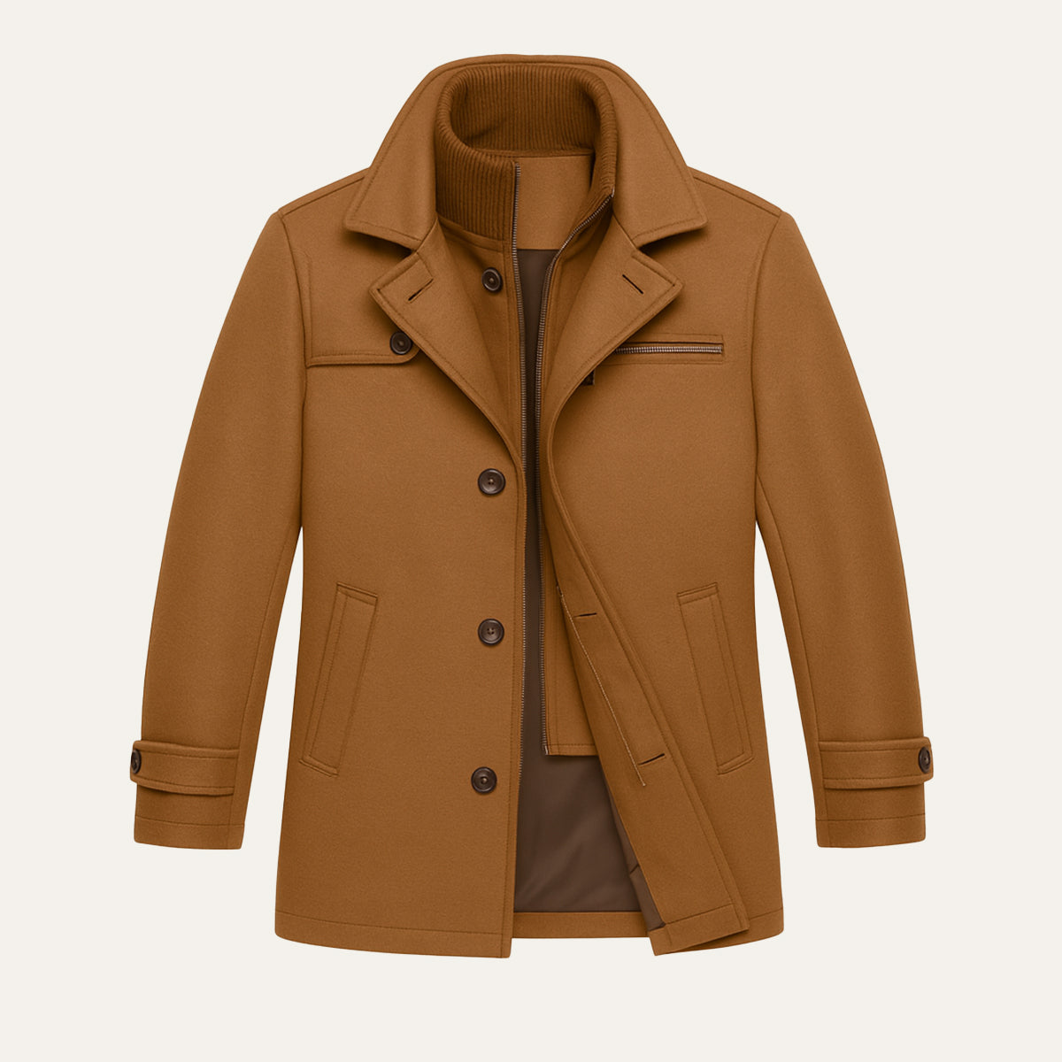 Men's brown long button-front jacket with stand collar, flap pockets, and ribbed cuffs
