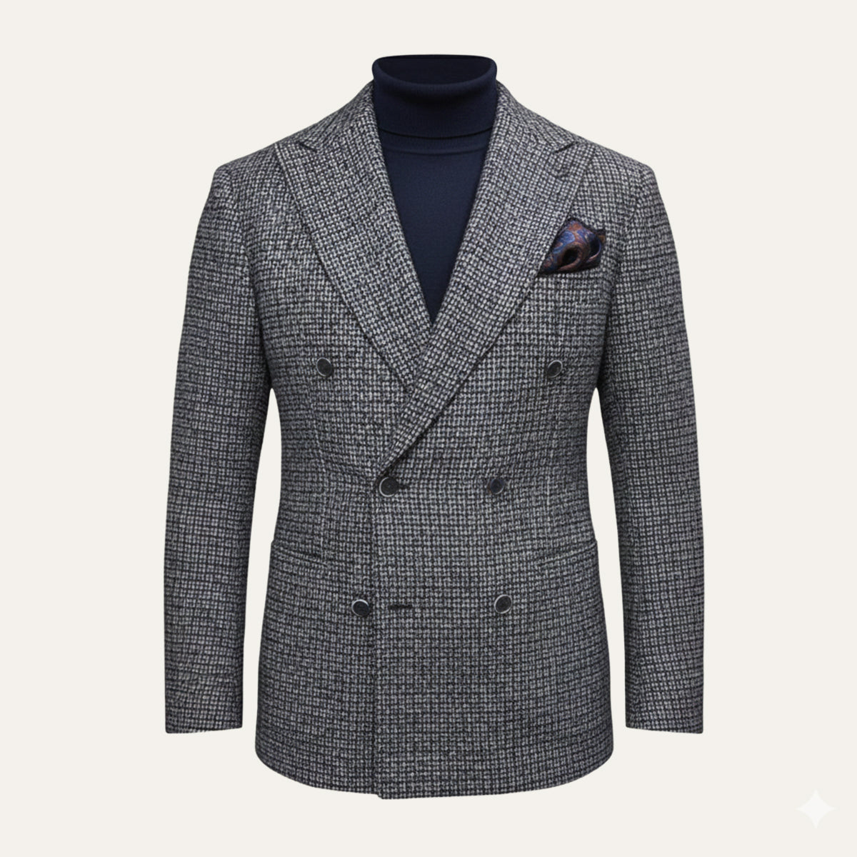 Men's gray textured double-breasted blazer with notched lapels and chest pocket
