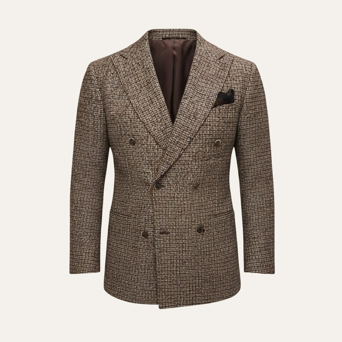 Men's brown textured double-breasted blazer with notched lapels and chest pocket