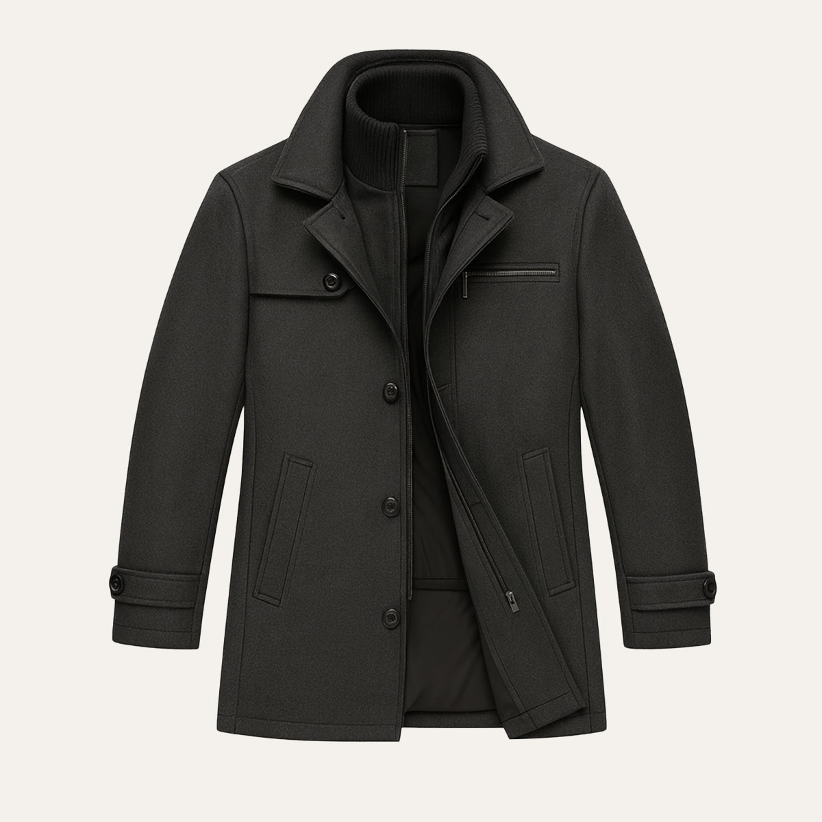 Men's black long jacket front view with stand collar, flap pockets, and ribbed sleeve cuffs