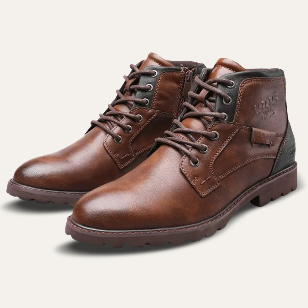 Men’s brown leather combat boots, lace-up ankle style with rugged sole and side panels