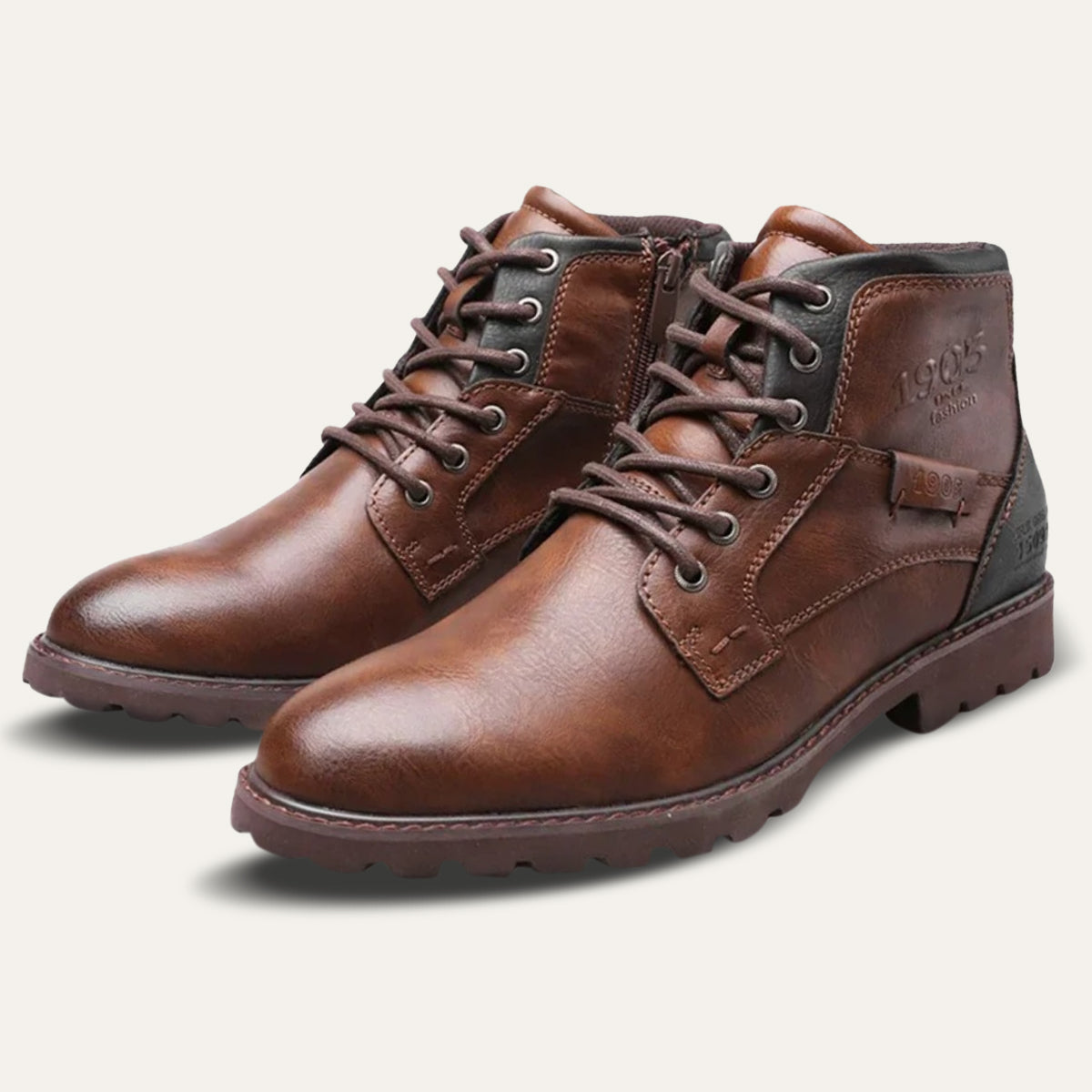 Men’s brown leather combat boots, lace-up ankle style with rugged sole and side panels