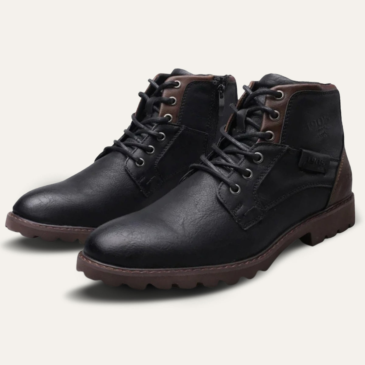 Men’s black leather combat boots, lace-up ankle height with padded collar and rugged sole