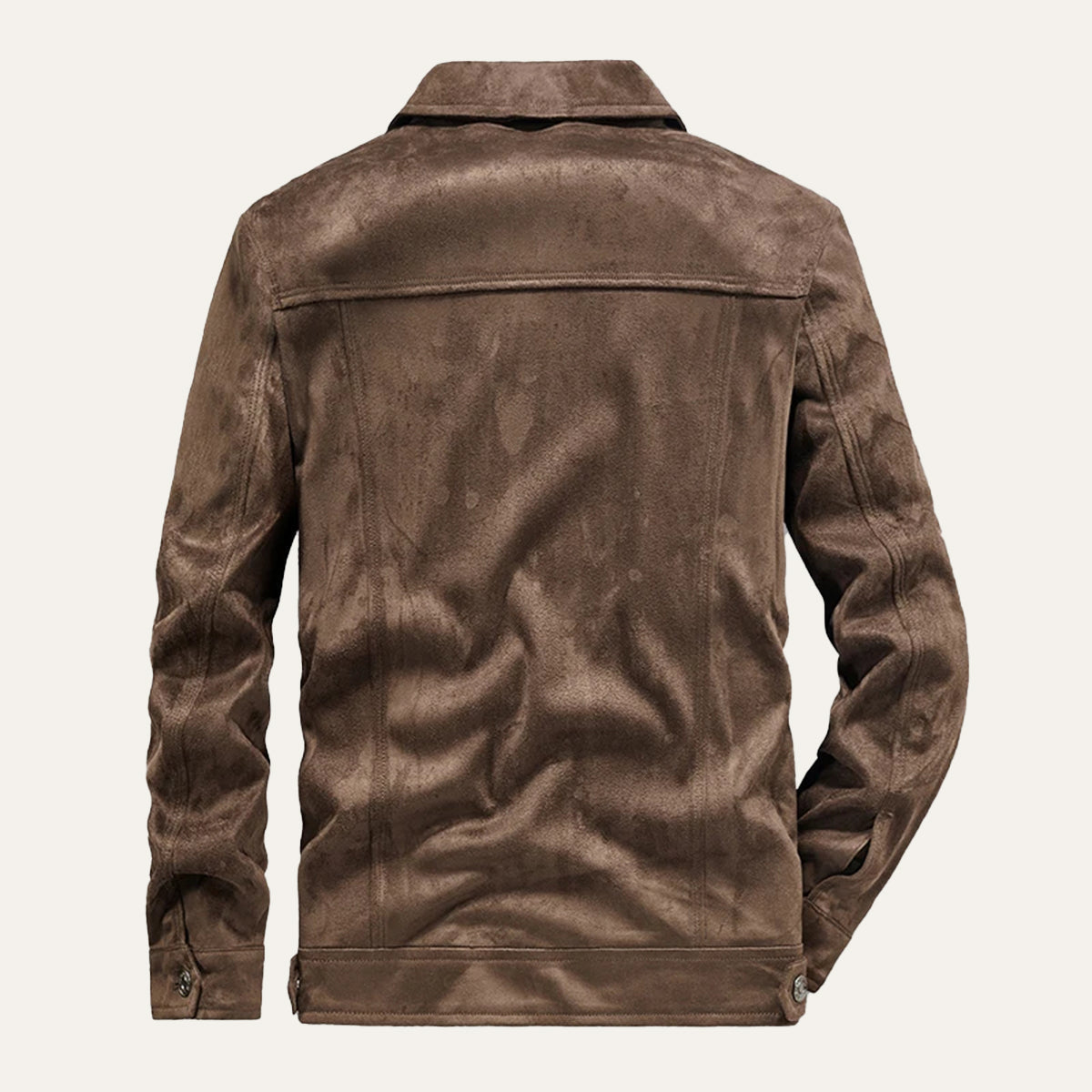 Men's suede cargo jacket, dark brown, back view with snap detail