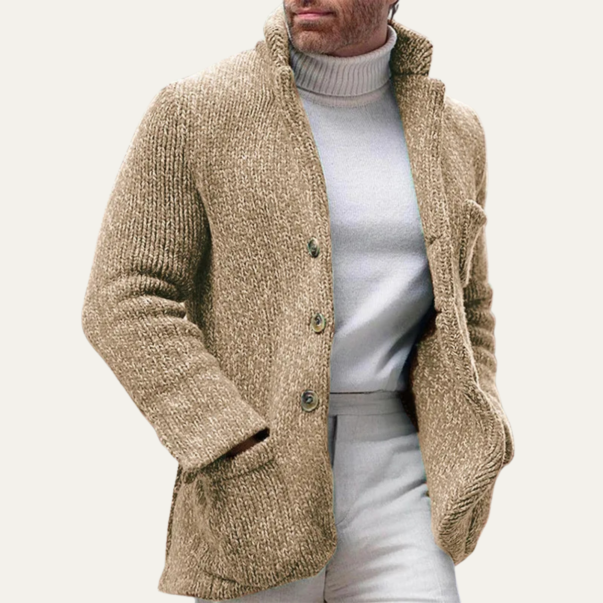 Men's khaki knitted cardigan with button front, shawl collar, and ribbed cuffs