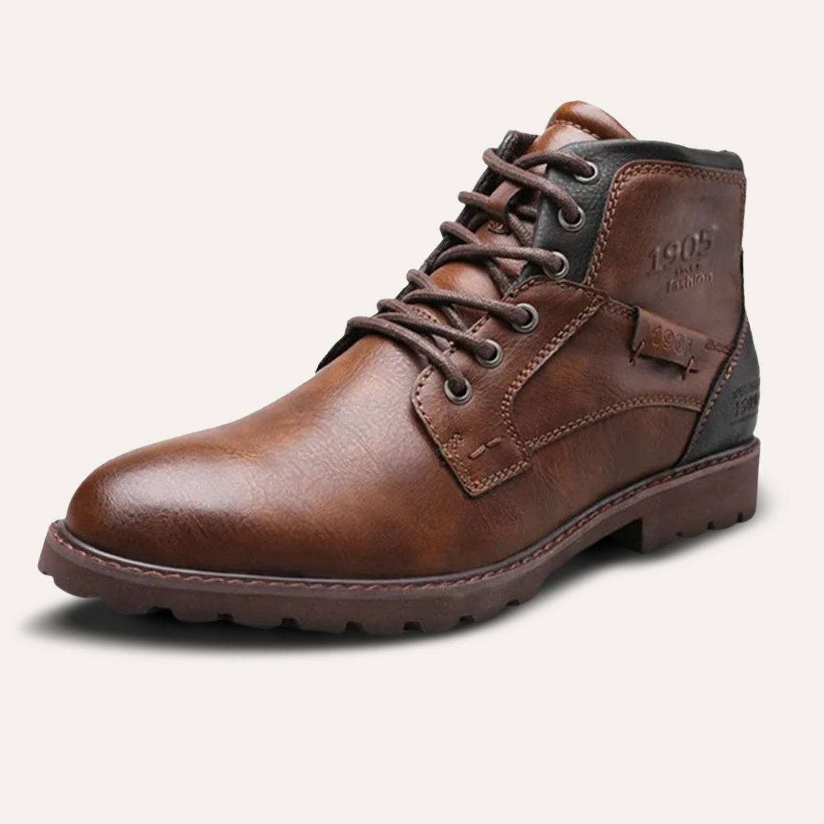 Brown leather combat boots with lace-up front, ankle patch details, and chunky tread sole