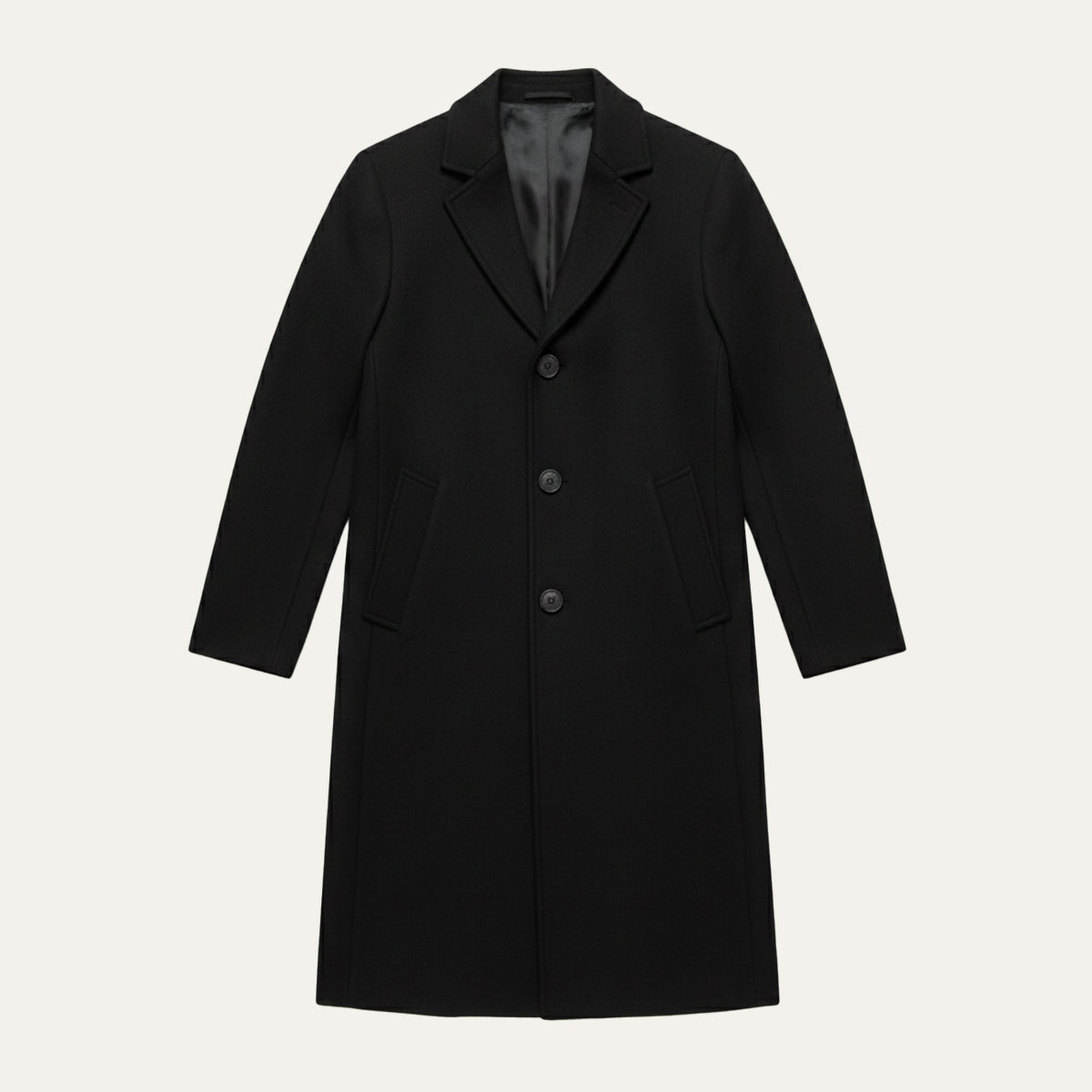 Men's cotton winter overcoat, black, notched lapels, single-breasted with button front