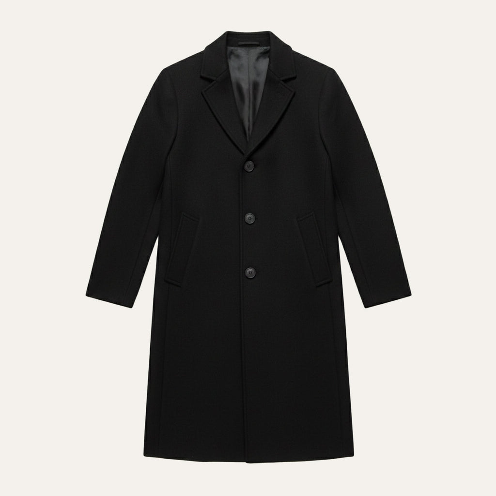 Men's black wool overcoat with notched lapels, 3-button front, side pockets
