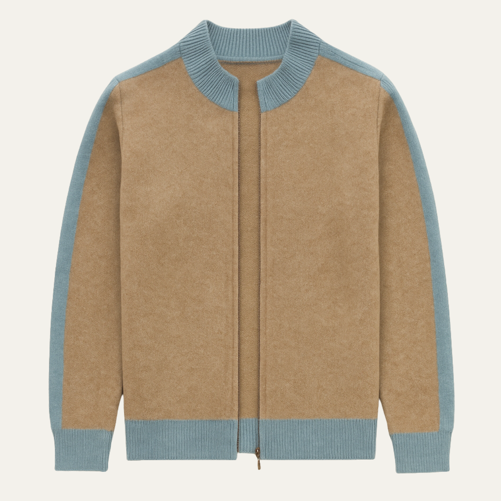 Men's cashmere zip-front sweater in khaki with light blue ribbed collar and cuffs