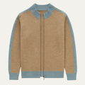 Men's cashmere zip-front sweater in khaki with light blue ribbed collar and cuffs