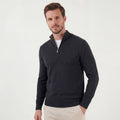 Men's quarter-zip knit sweater, dark gray, long sleeves with ribbed cuffs.