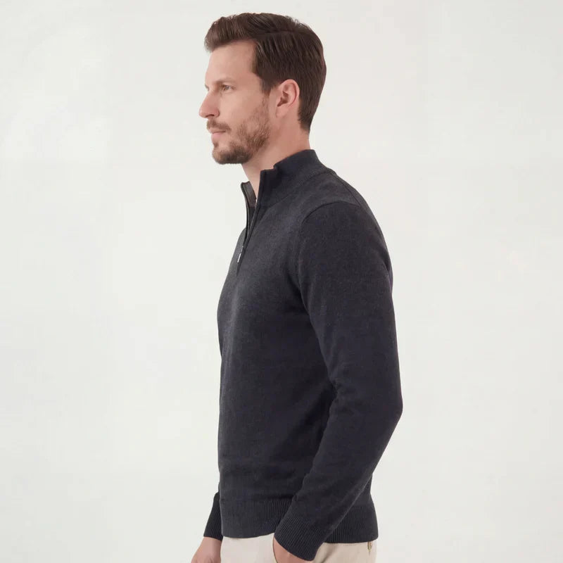 Men's quarter-zip knit sweater, dark gray, side profile with half zipper.