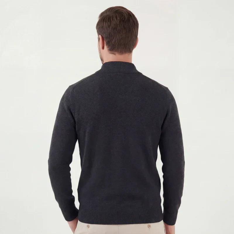 Men's quarter-zip knit sweater, dark gray, back view with ribbed hem.