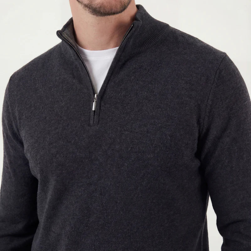 Dark gray quarter-zip knit sweater close-up with ribbed mock neck and zipper.