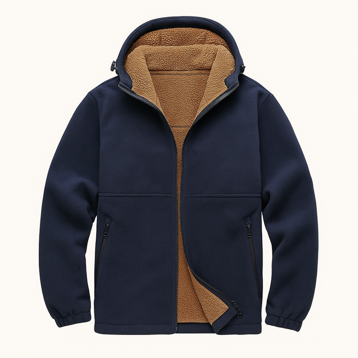 Men’s navy zip-up hooded jacket with tan sherpa lining and stand collar