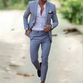 Men's sky blue linen suit on-model with blazer, vest, and matching trousers