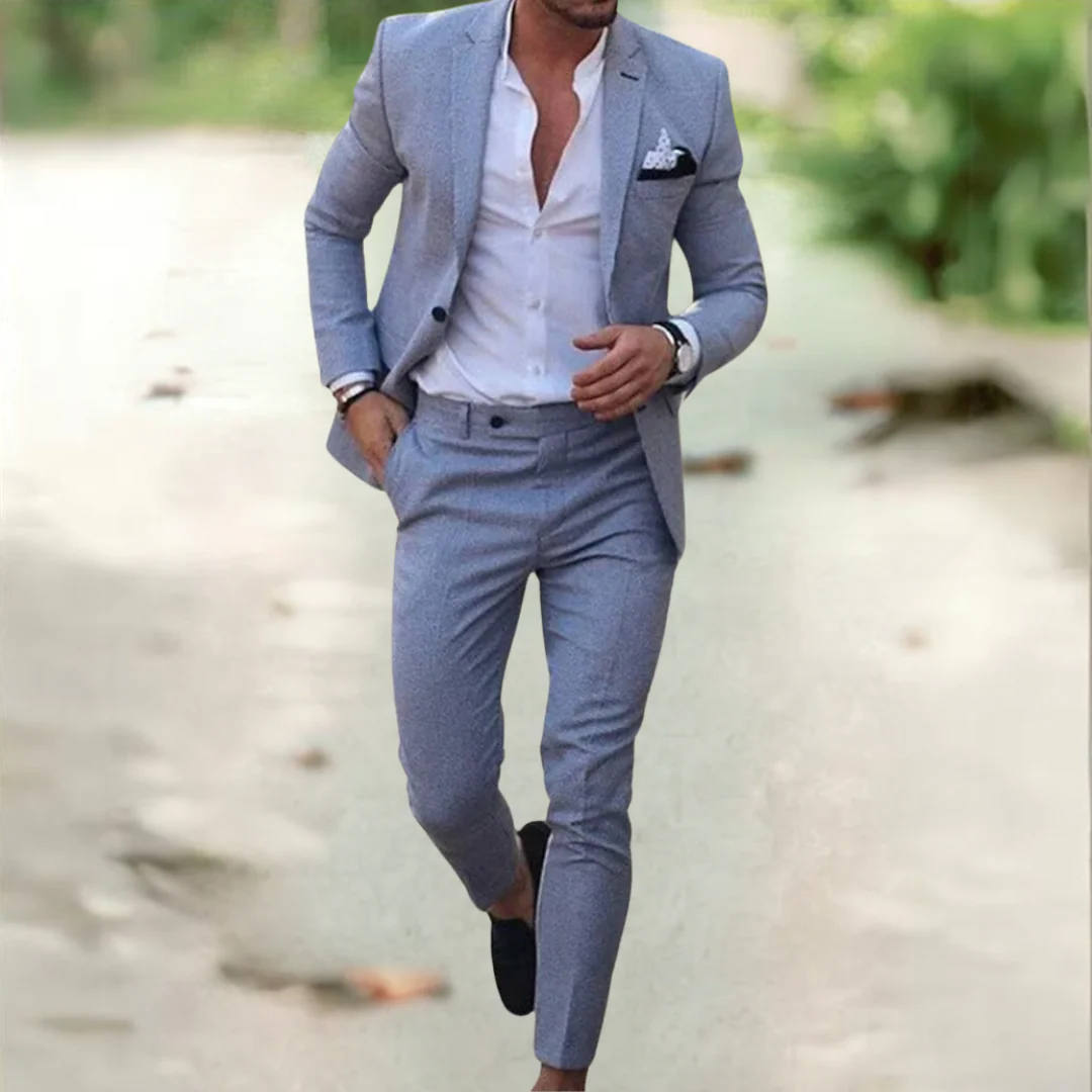 Men's sky blue linen suit on-model with blazer, vest, and matching trousers