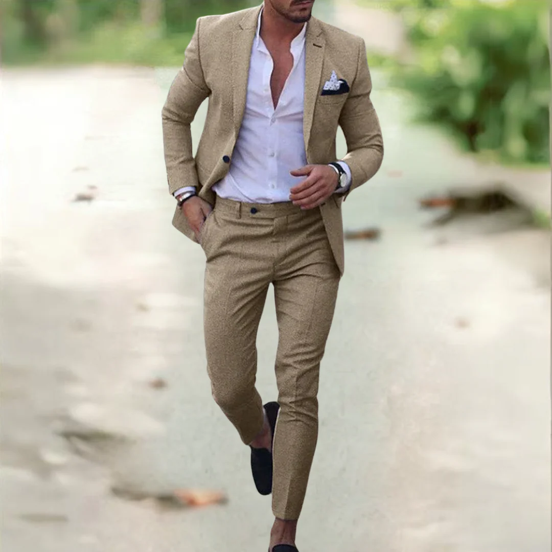 Men's khaki linen suit on-model with blazer and matching trousers