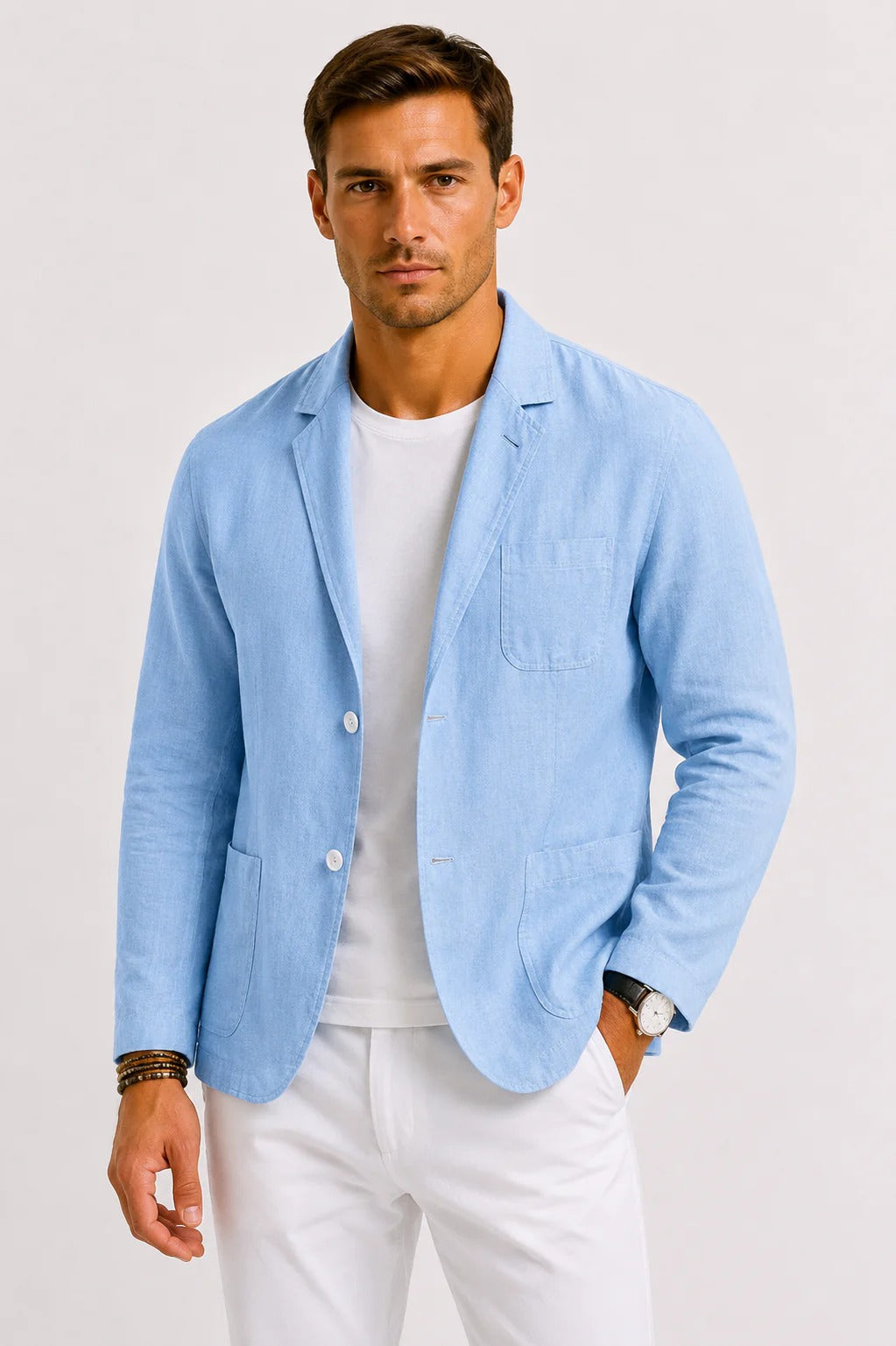 Men's light blue linen blazer with notch lapels, chest pocket, button front