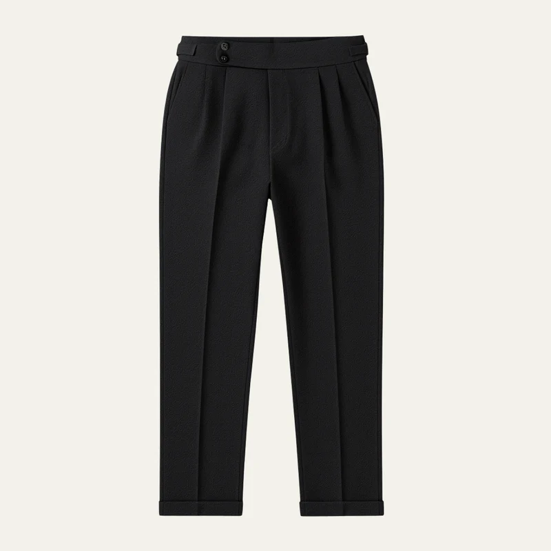 Men’s black slim-fit dress pants with belt loops and button-closure waistband