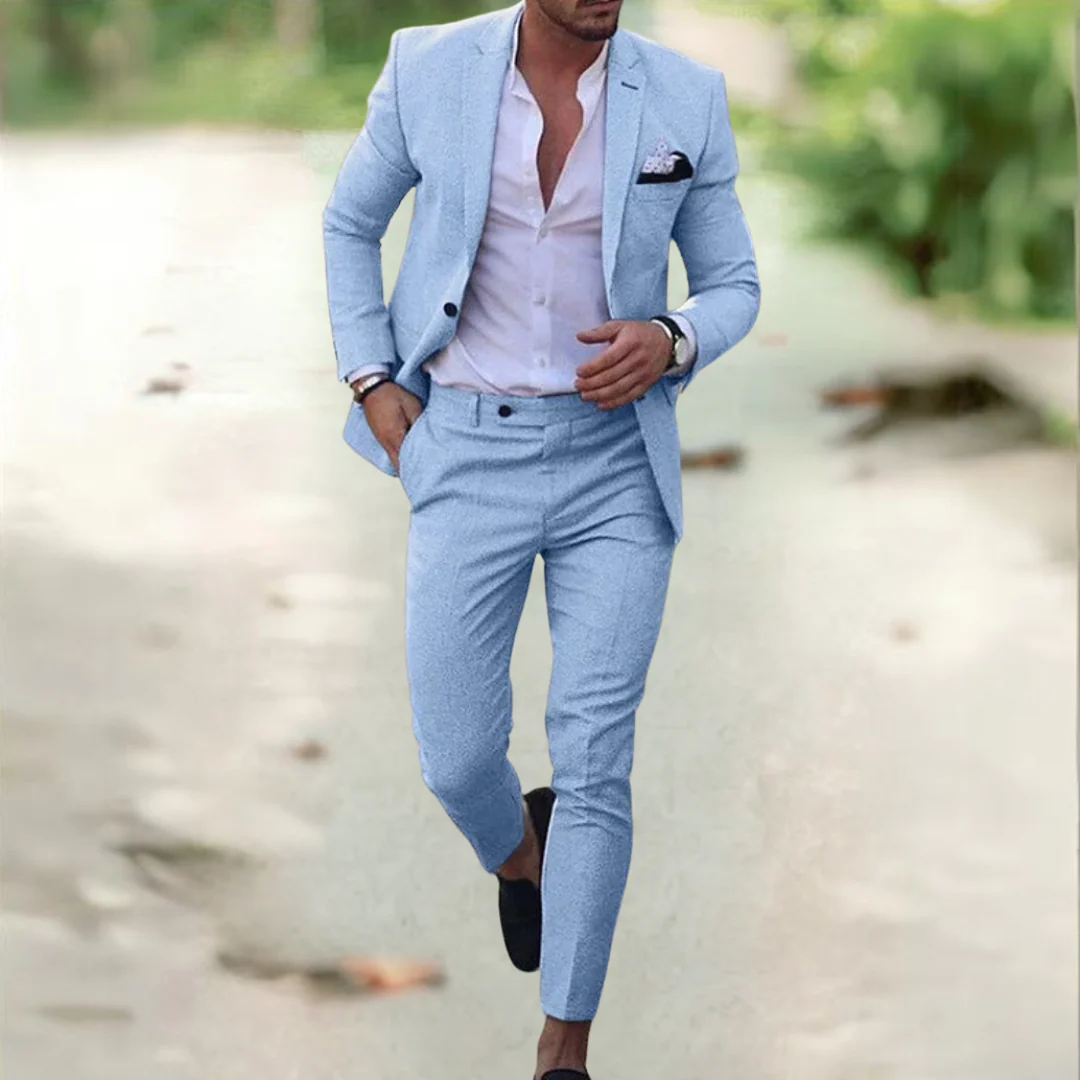 Men's light blue linen suit on-model with blazer and matching trousers