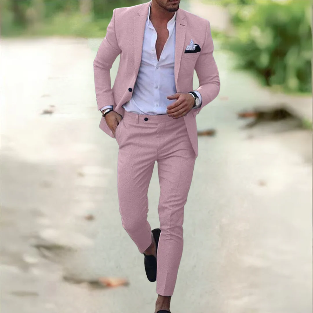 Men's pink linen suit on-model with blazer and matching trousers