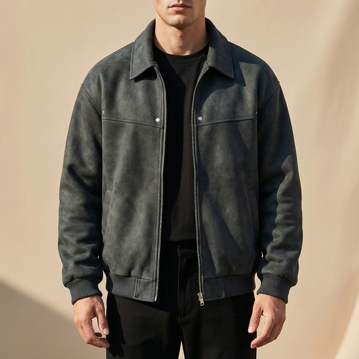 Men's lambskin leather jacket in dark gray, stand collar, front zip, snap chest pockets, ribbed cuffs.