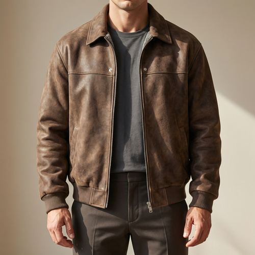Men's lambskin leather jacket in brown, stand collar, front zip, snap chest pockets, ribbed cuffs.