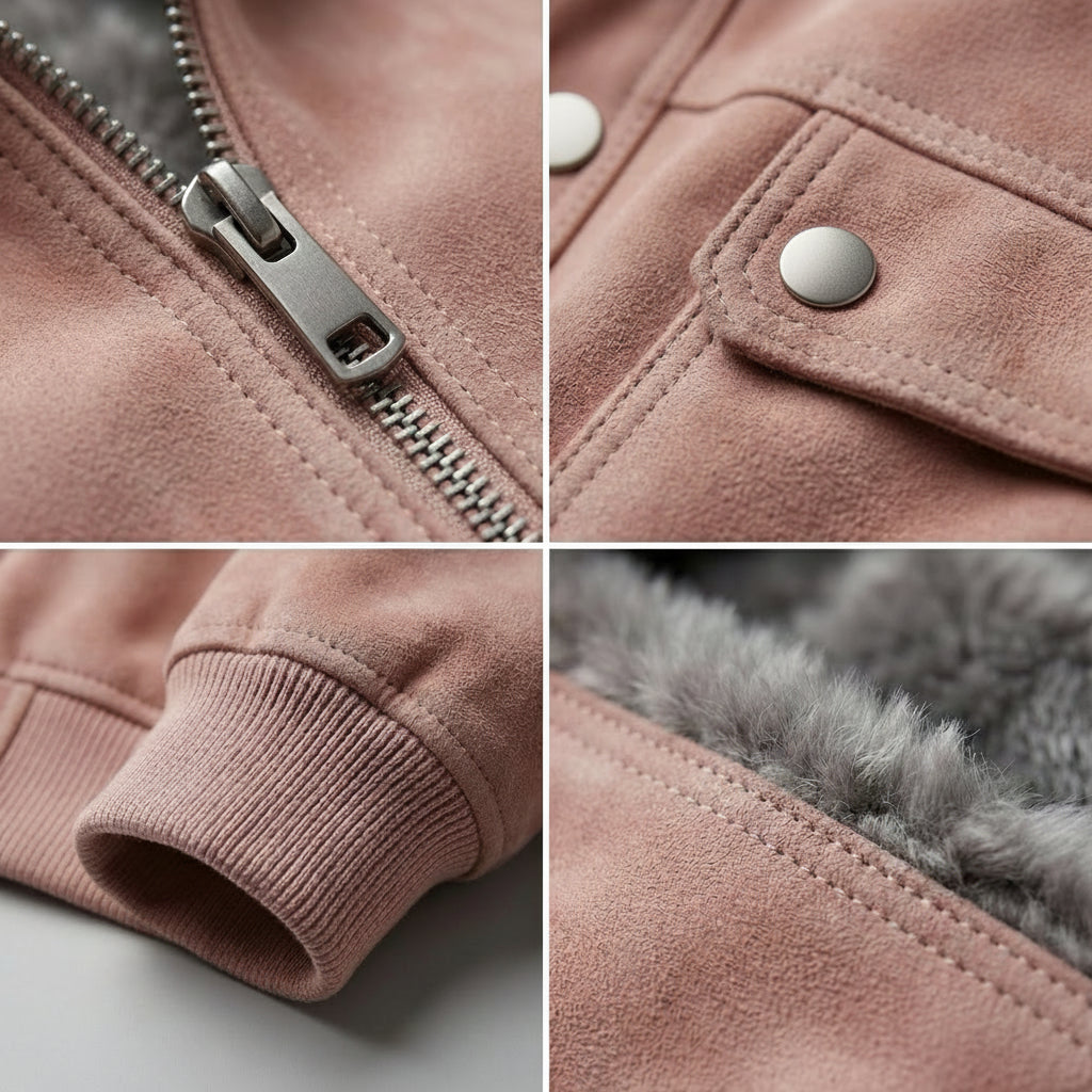 Lambskin leather jacket details: metal zipper, snap placket, ribbed cuff, and faux-fur trim.
