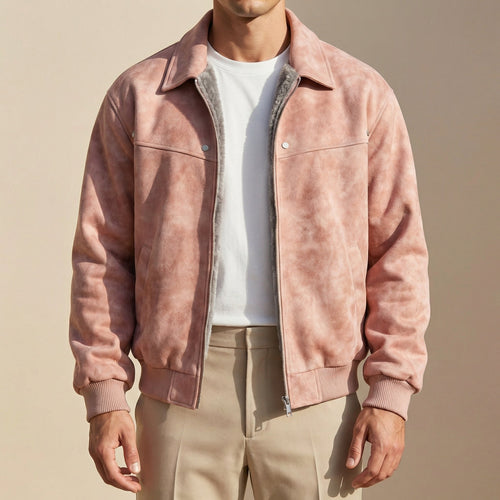 Men's lambskin leather jacket in dusty pink, stand collar, front zip, snap chest pockets, ribbed cuffs.