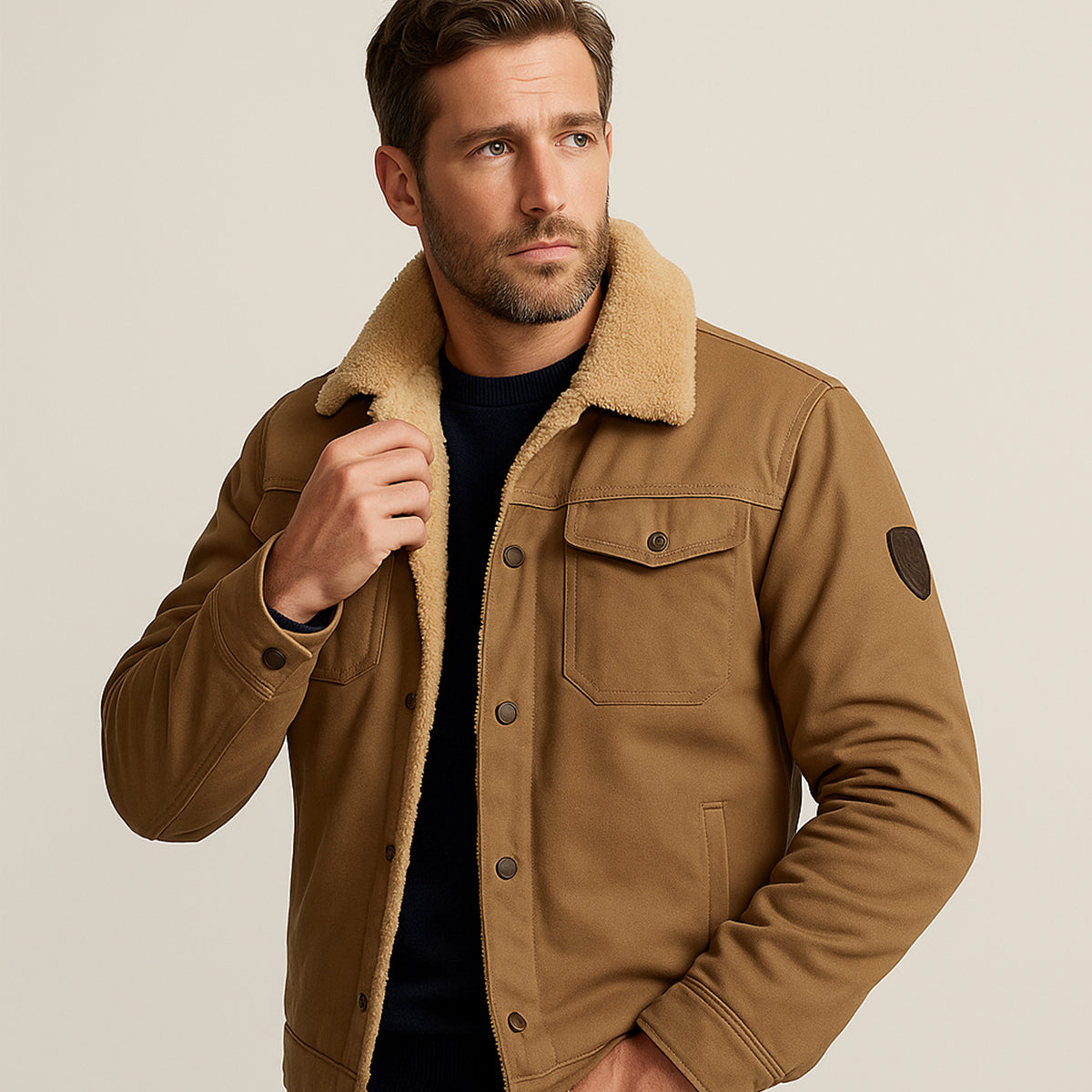 Men's fleece-lined winter coat in camel brown with snap pockets and stand collar