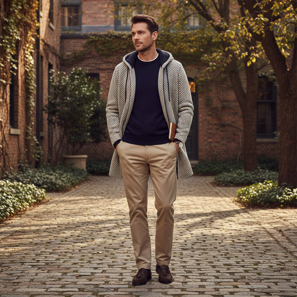 Men's hooded longline knit cardigan, light gray with open front and pockets.