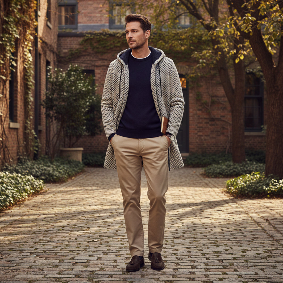 Men's hooded longline knit cardigan, light gray with open front and pockets.