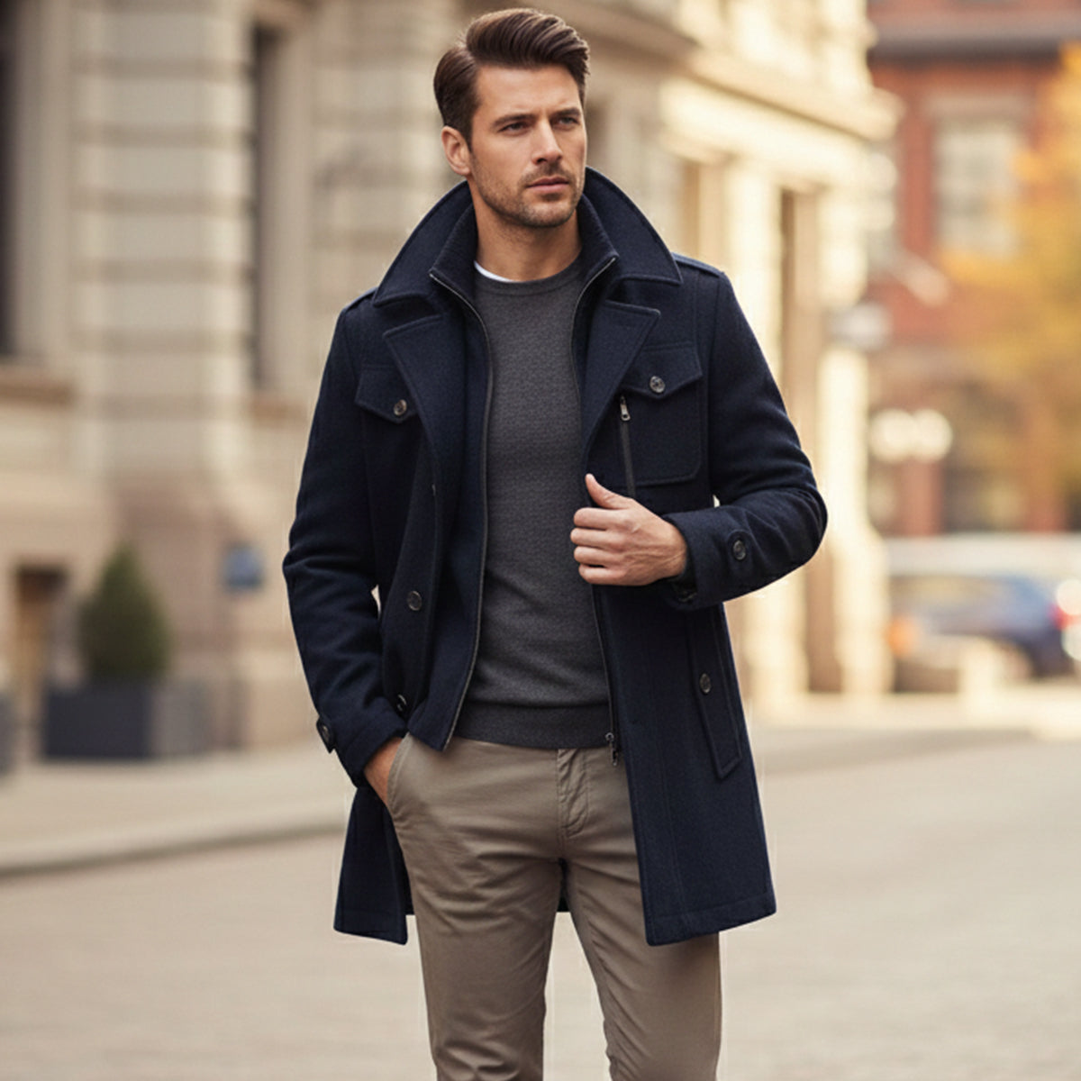 Men's wool-blend coat in deep navy, structured collar, front zipper, flap pockets, button front