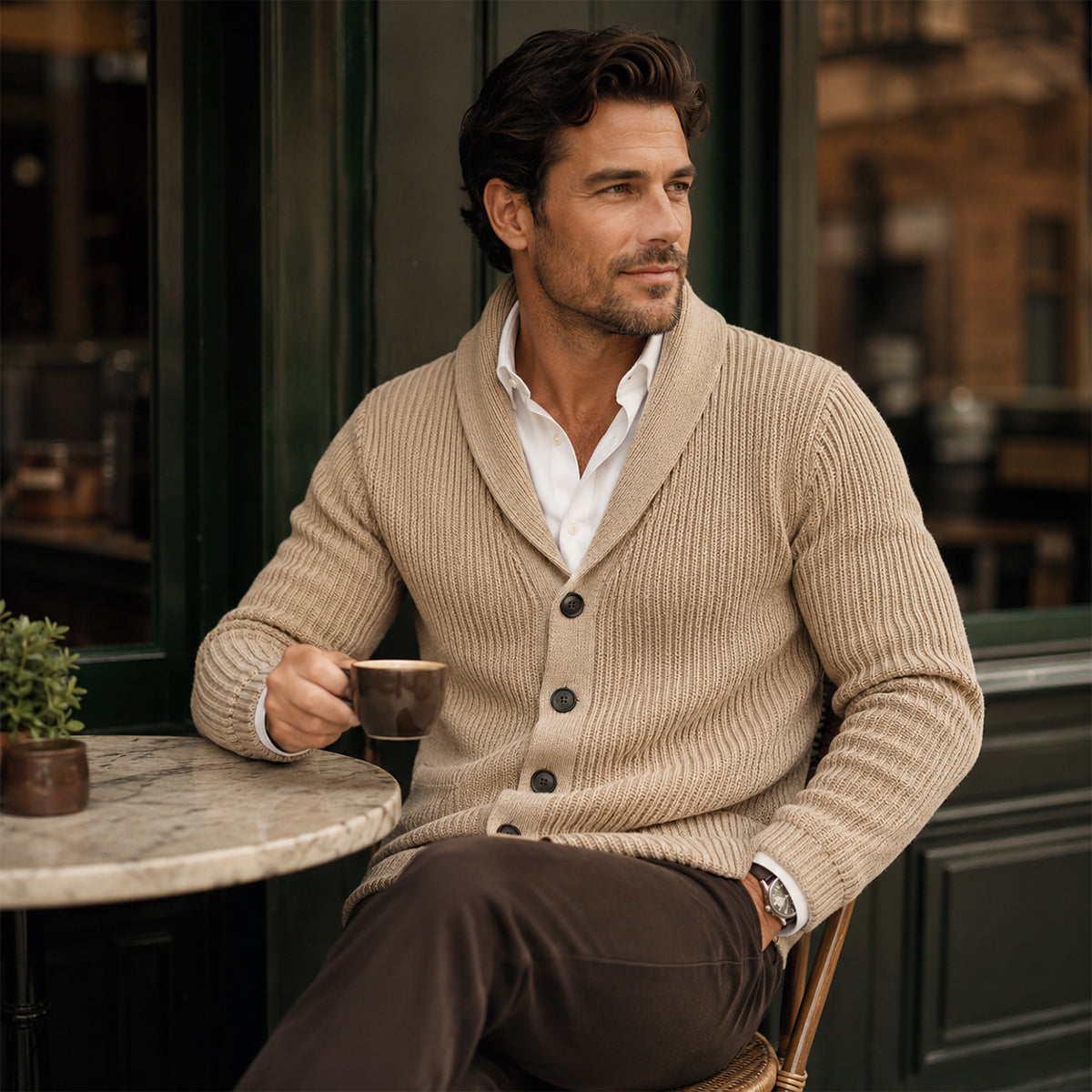 Men's khaki wool shawl-collar knit cardigan, button front and ribbed cuffs