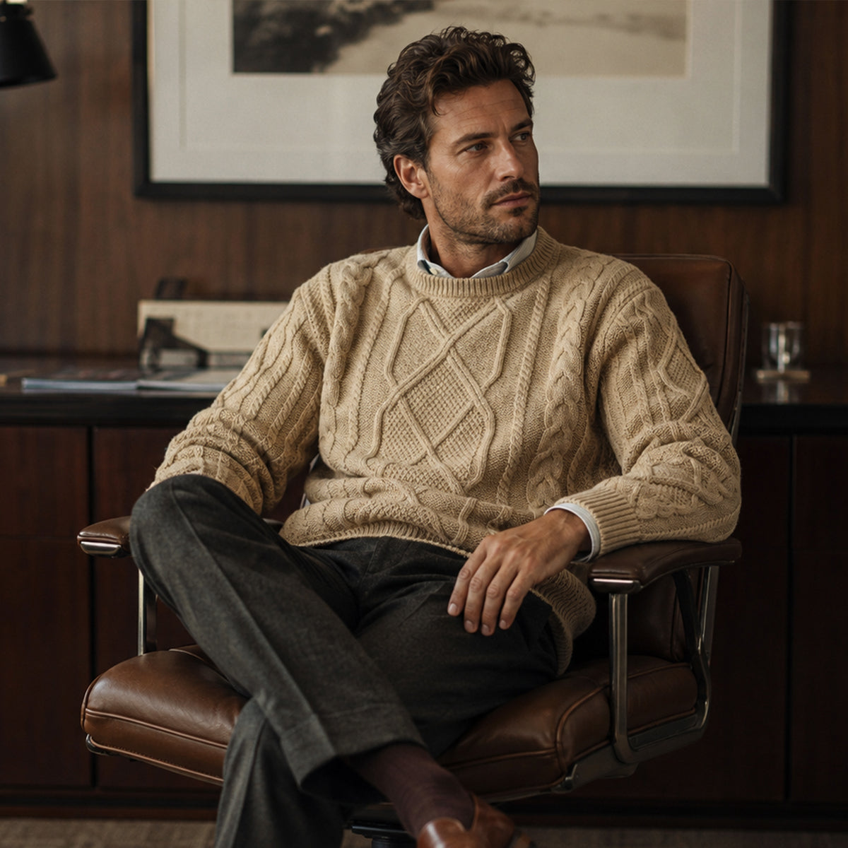 Beige chunky cable-knit men's winter sweater, crew neck and ribbed cuffs