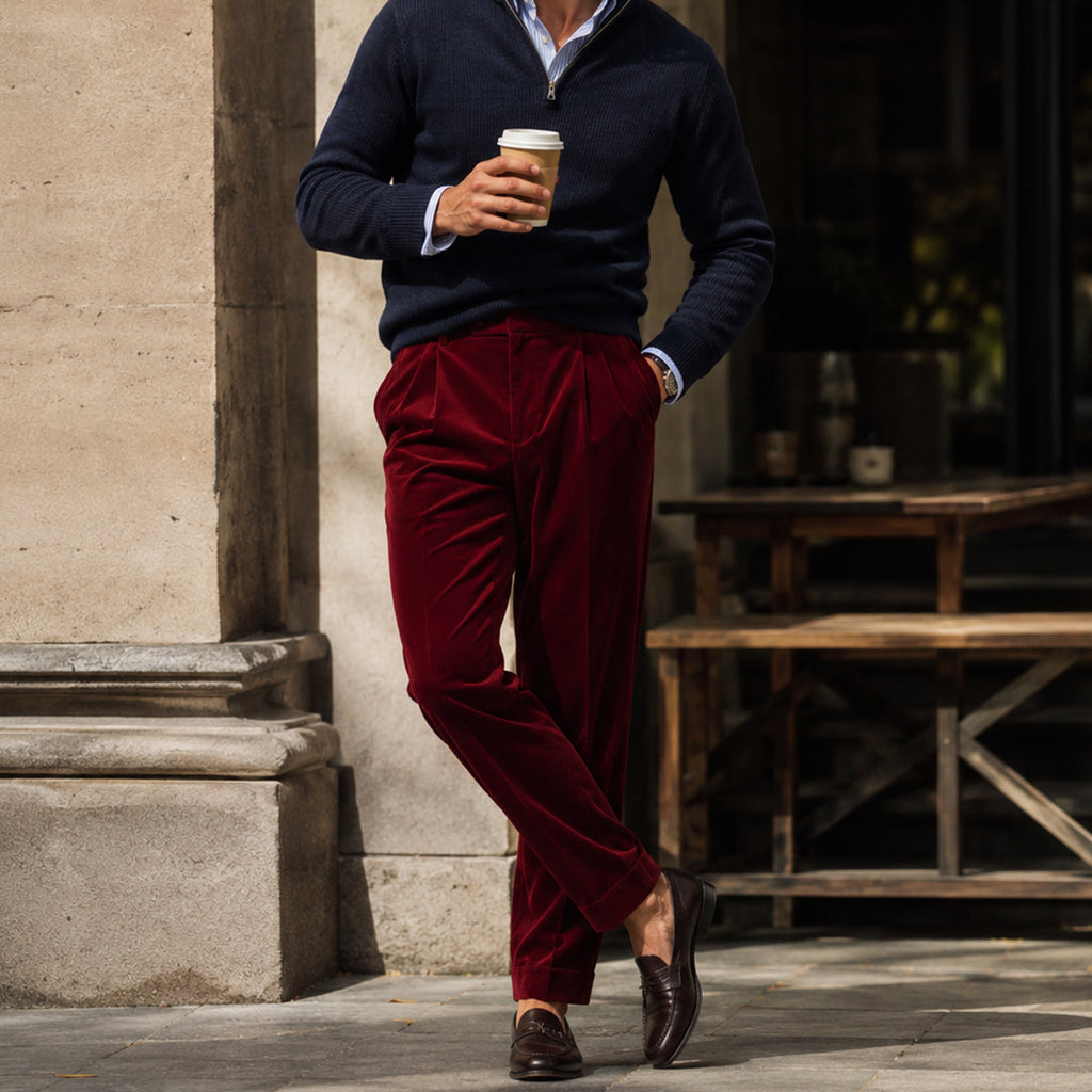Men's burgundy velvet straight-fit pants with pleated front and straight legs