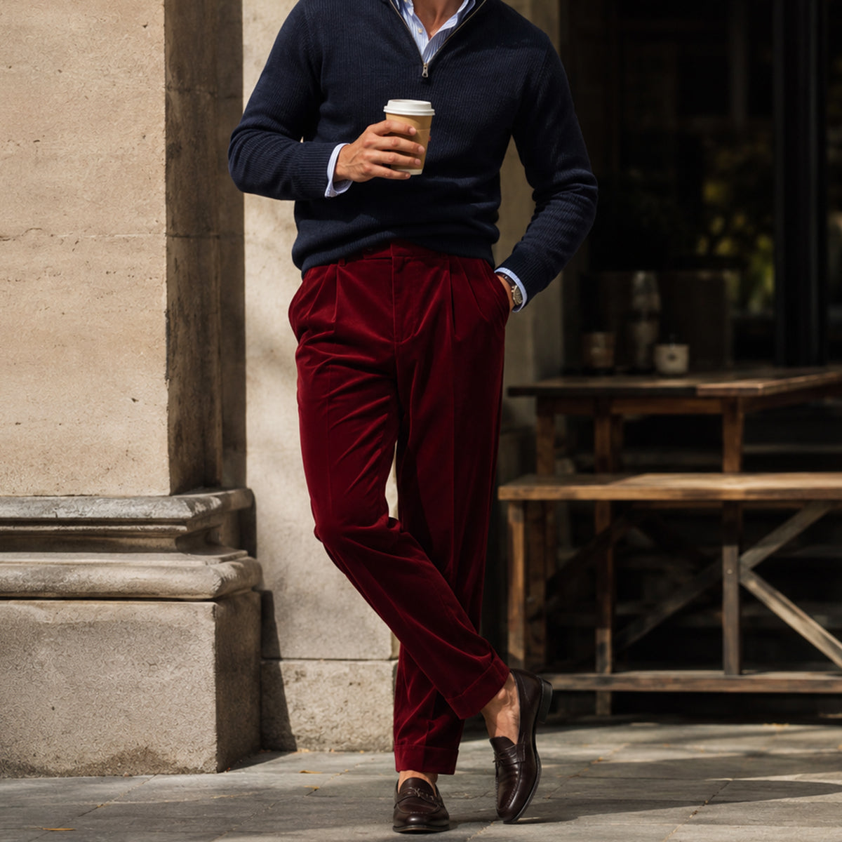 Men's burgundy velvet straight-fit pants with pleated front and straight legs