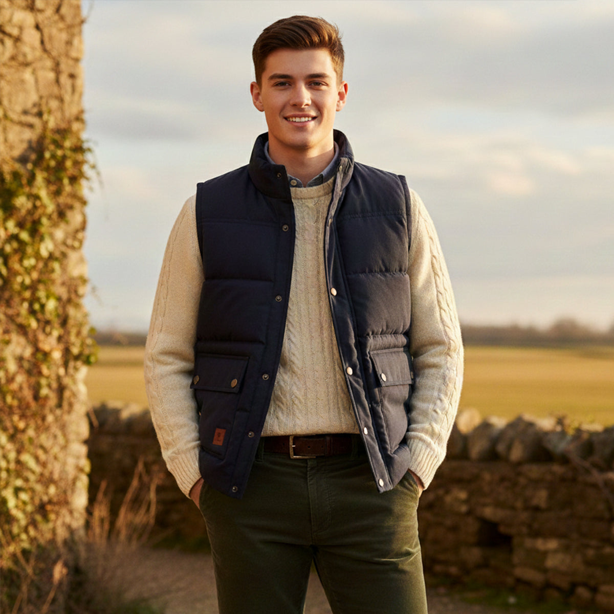 Men's fleece-lined winter vest, dark navy, quilted puffer with button front pockets