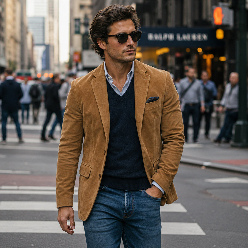 Men's light brown single-breasted blazer with notched lapel and chest pocket