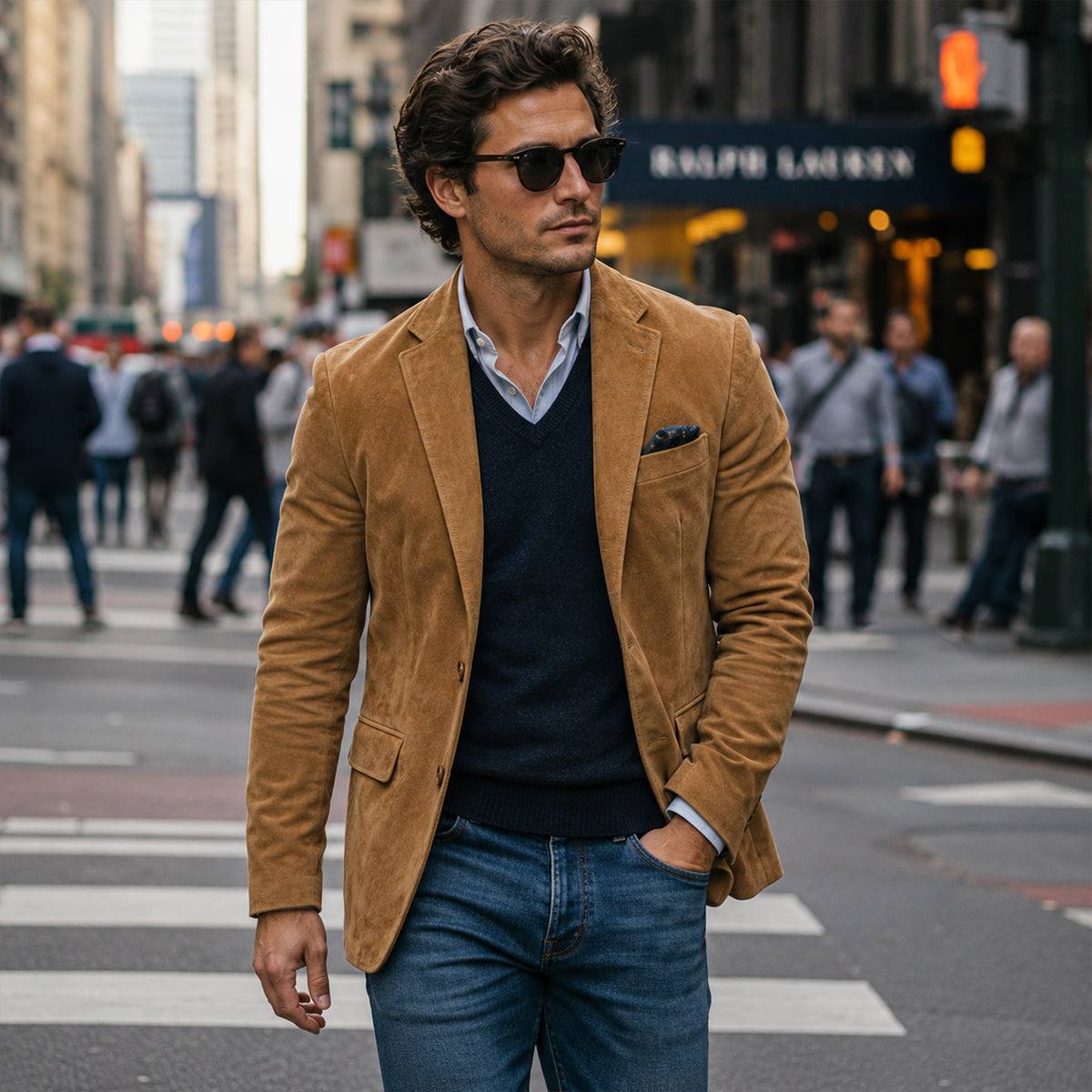 Men's light brown single-breasted blazer with notched lapel and chest pocket