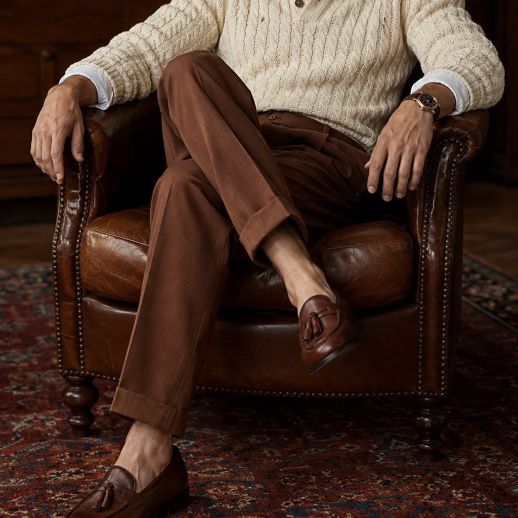 Men's high-waist double-pleated brown pants with belt loops