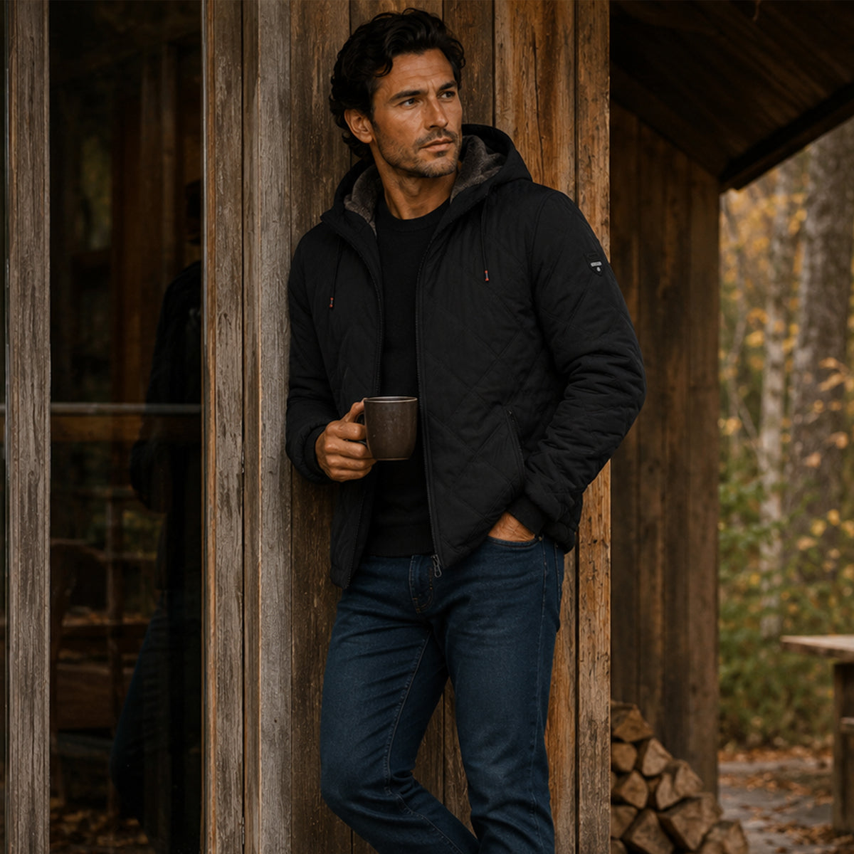Men's black quilted puffer jacket with hood, full-zip front and fleece lining