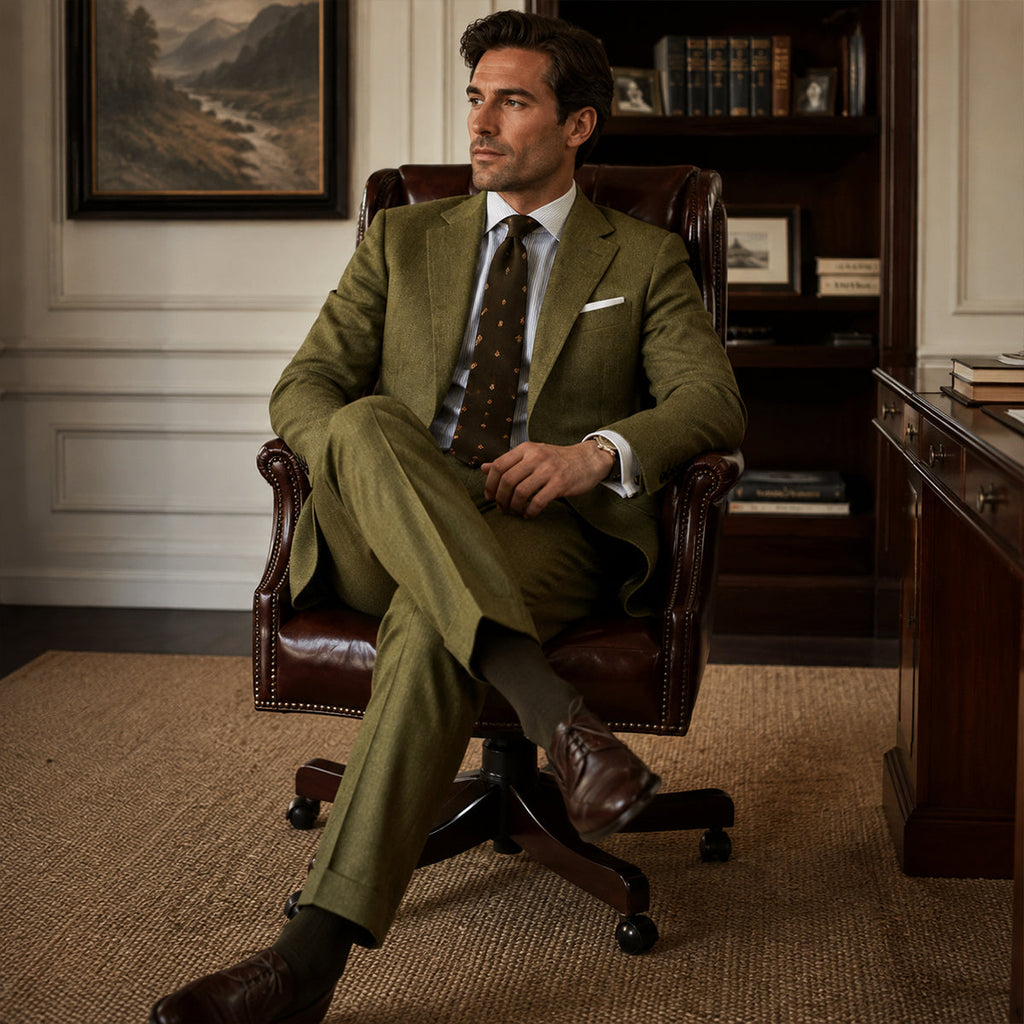 Olive green slim-fit two-piece suit set with matching blazer and dress pants
