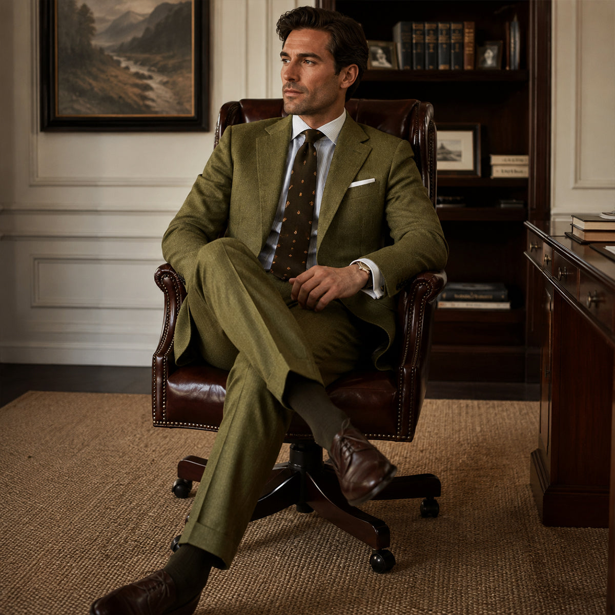 Olive green slim-fit two-piece suit set with matching blazer and dress pants