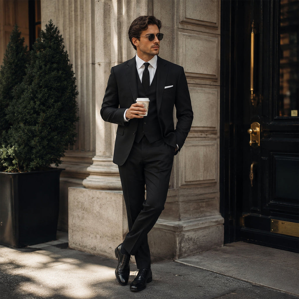 Black men’s 3-piece suit: tailored blazer, matching vest, and dress pants
