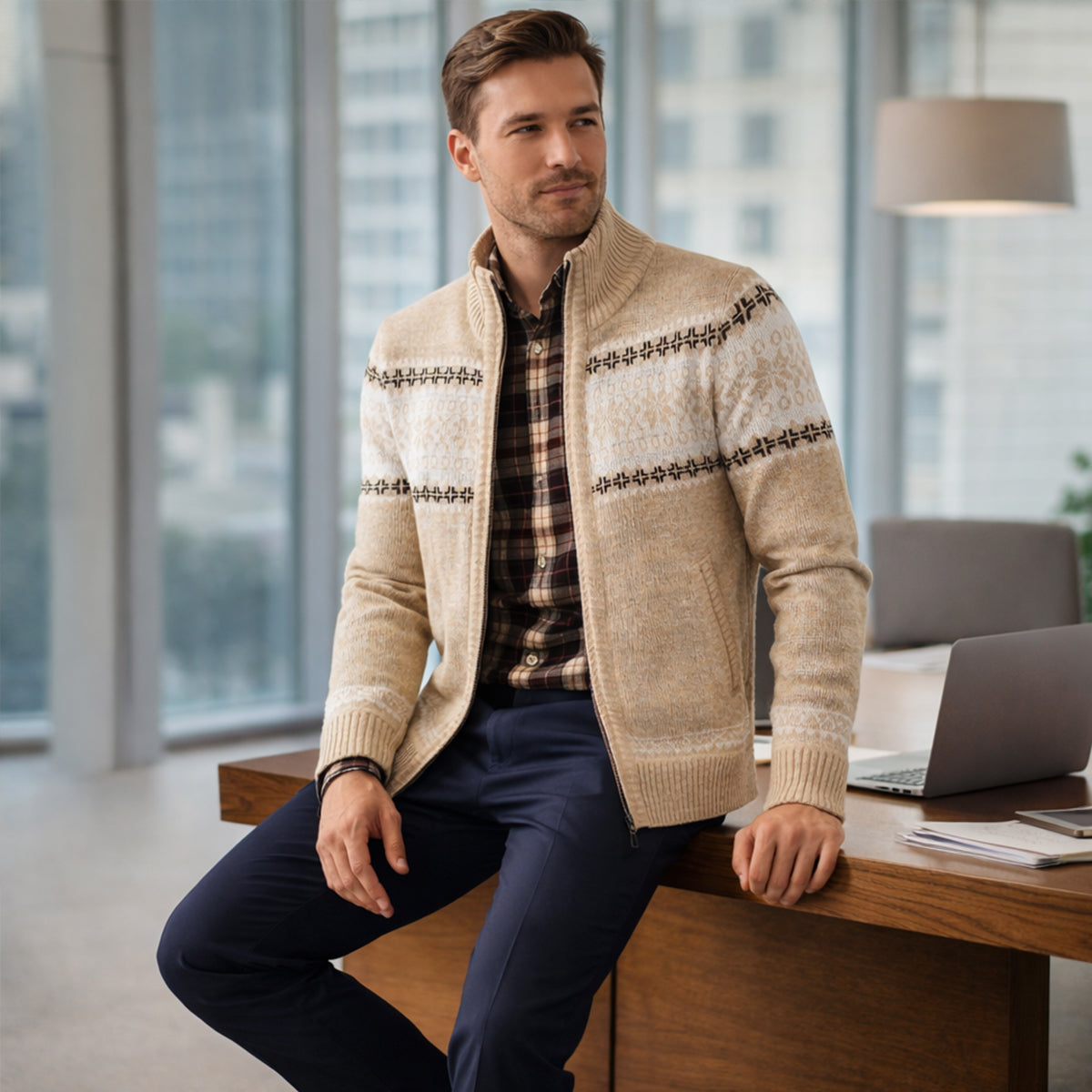 Beige knitted zip-up cardigan with Fair Isle stripe panels and ribbed stand collar